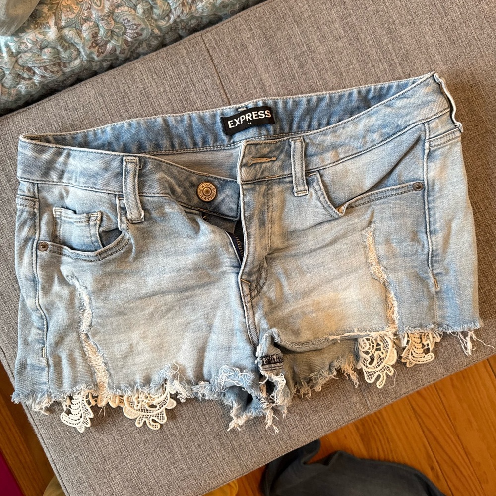 Express Distressed Light Blue Jean Shorts